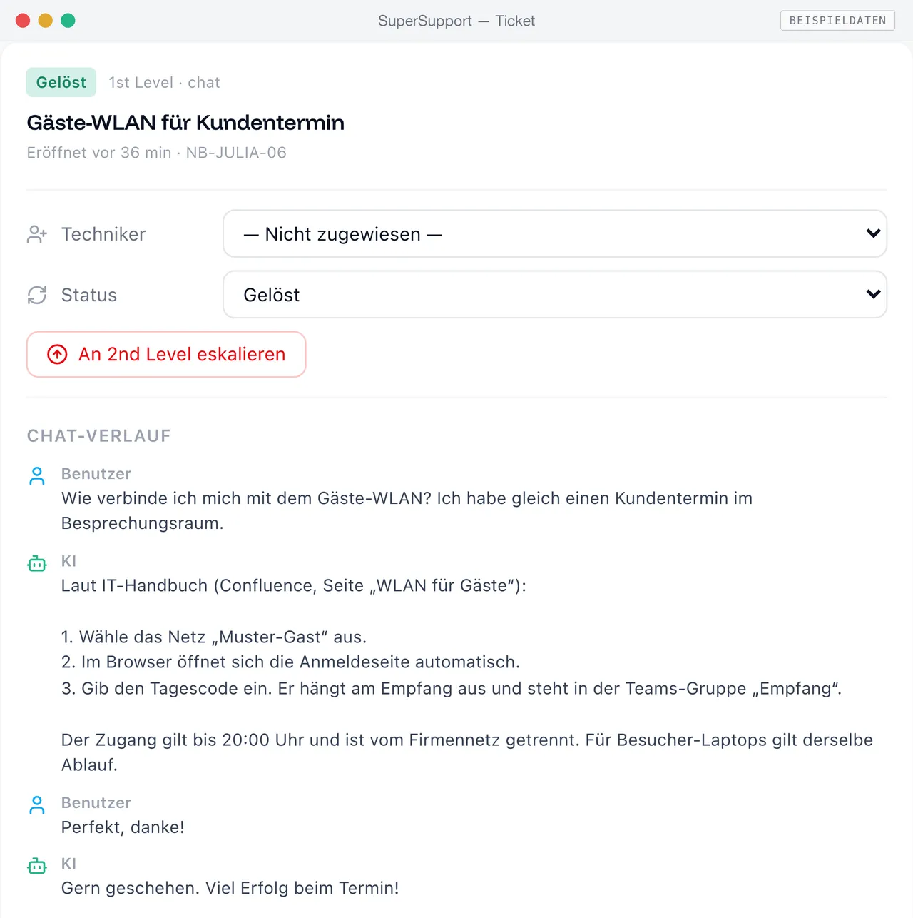 Ticket in SuperSupport: Antwort auf die Frage nach dem Gäste-WLAN aus dem IT-Handbuch (Beispieldaten)