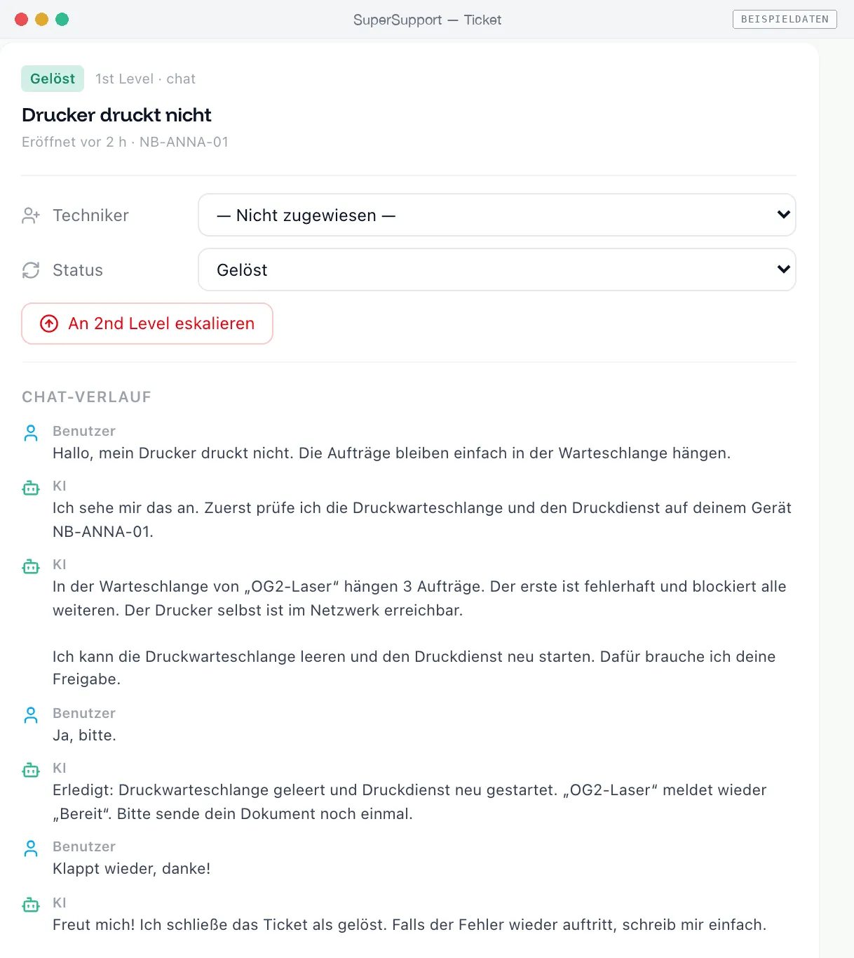 Ticketverlauf „Drucker druckt nicht“: der Agent leert nach Freigabe die Druckwarteschlange (Beispieldaten)