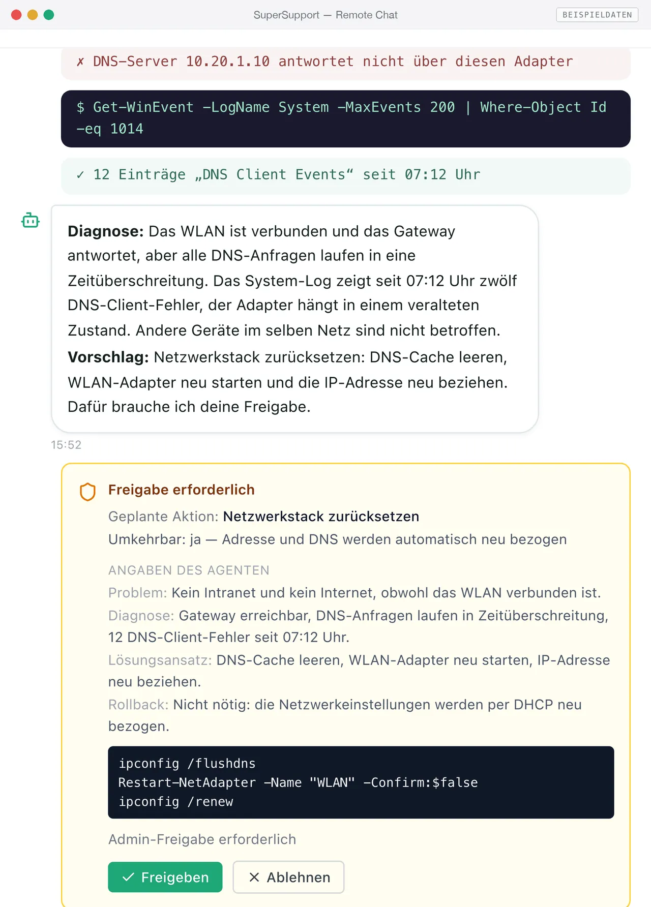 Remote-Chat in SuperSupport: Diagnose eines DNS-Fehlers und Freigabe-Anfrage „Netzwerkstack zurücksetzen“ (Beispieldaten)