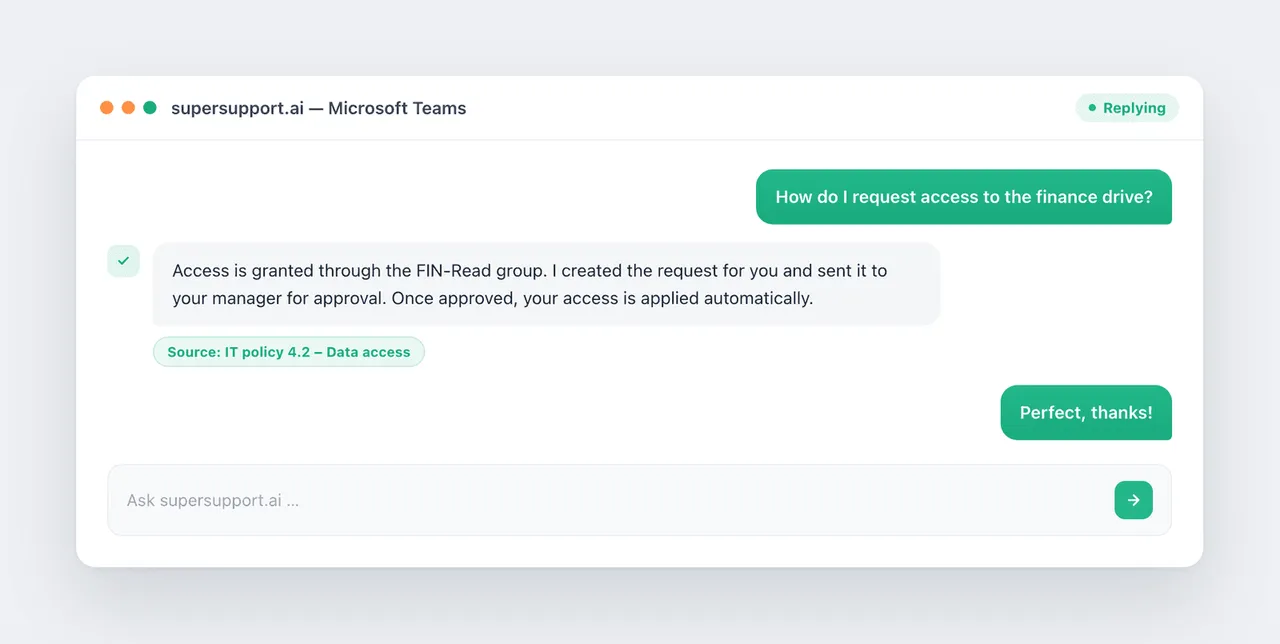 supersupport.ai answering an employee question in Microsoft Teams, citing the IT policy