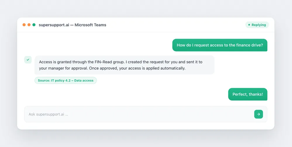 supersupport.ai answering an employee question in Microsoft Teams, citing the IT policy