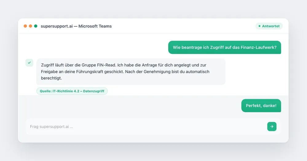 supersupport.ai beantwortet in Microsoft Teams eine Mitarbeiterfrage mit Quellenangabe