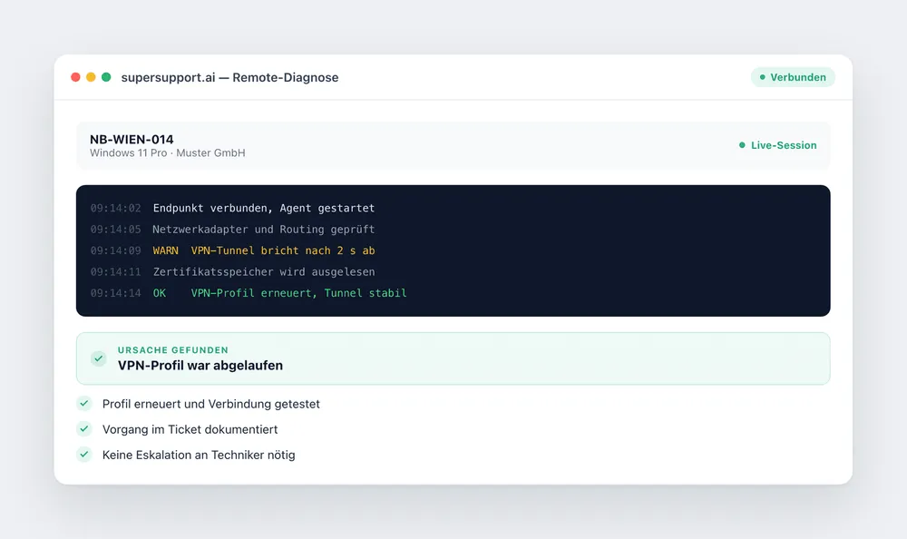 supersupport.ai Remote-Diagnose: KI analysiert Logs und erneuert ein abgelaufenes VPN-Profil