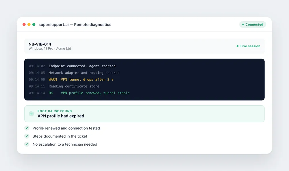 supersupport.ai remote diagnostics: AI analyzes logs and renews an expired VPN profile