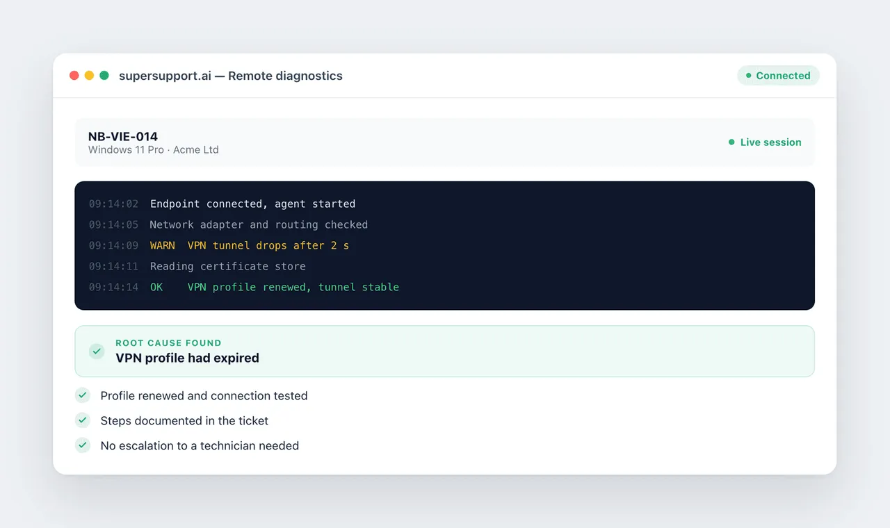 supersupport.ai remote diagnostics: AI analyzes logs and renews an expired VPN profile