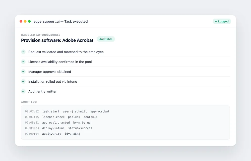 supersupport.ai provisioning software autonomously and writing every step to the audit log