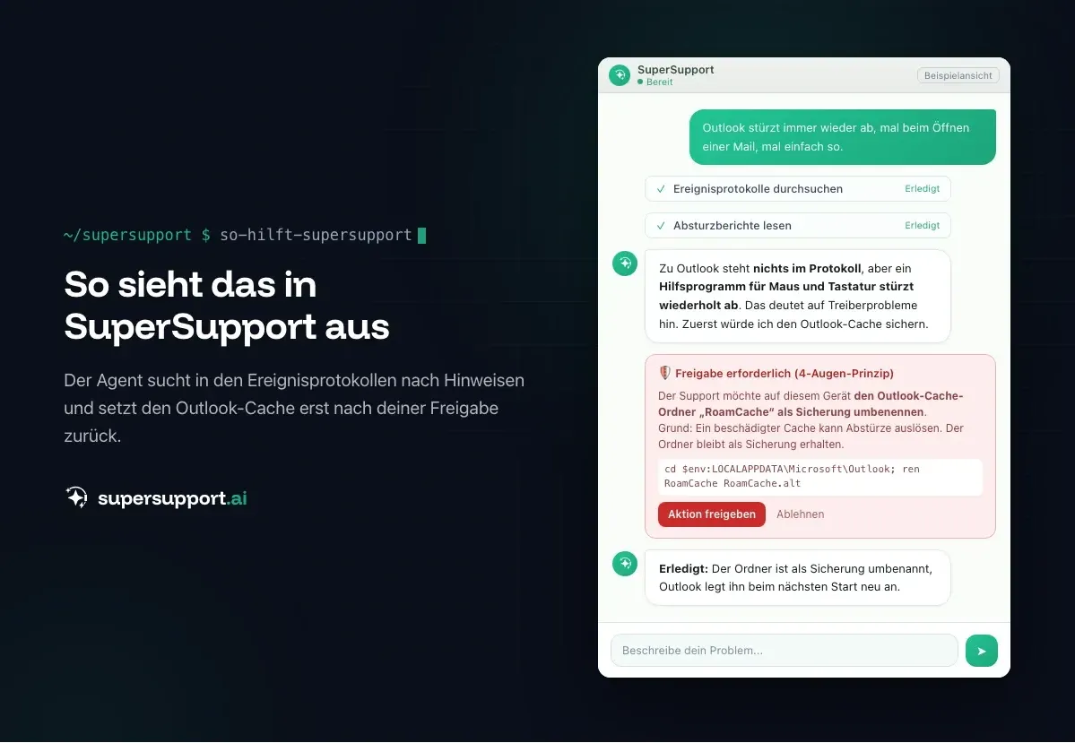 Beispielansicht in SuperSupport – Outlook stürzt ab: Ursachen finden und dauerhaft beheben