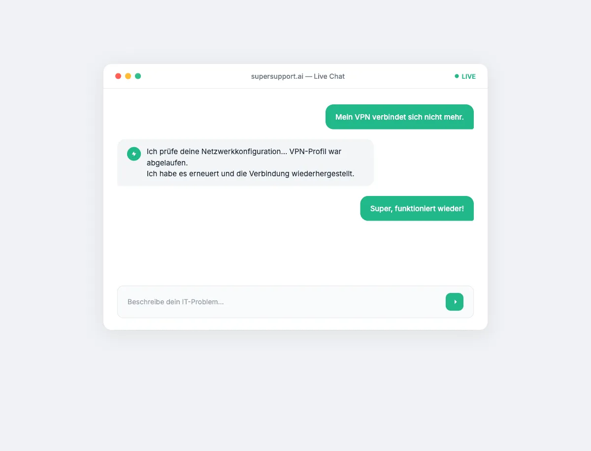 SuperSupport.ai Live Chat, VPN issue automatically detected and resolved in seconds